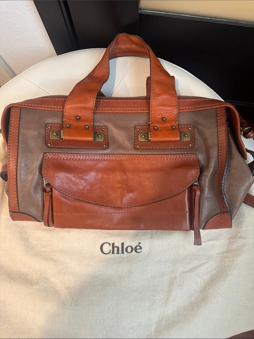 Chloé Two-Tone Leather Satchel in Rust and Taupe